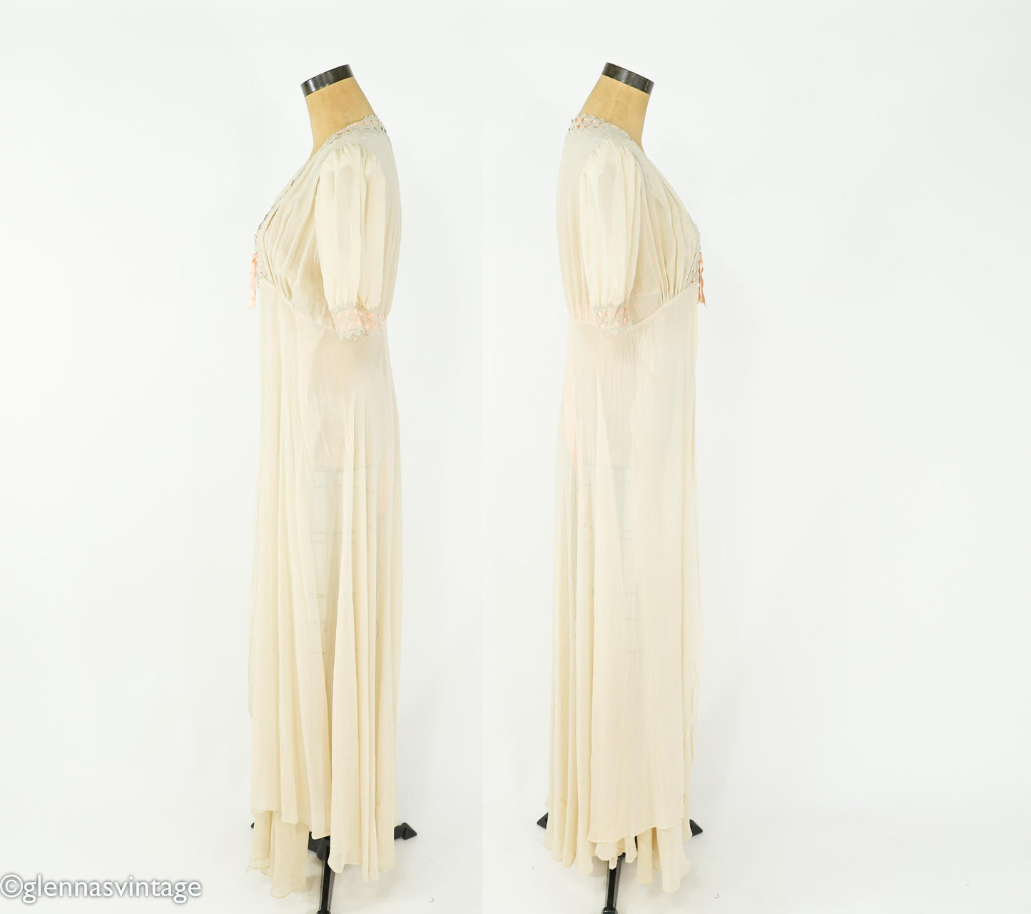 1930s Ivory Silk Chiffon Peignoir Set, Vintage Lace Nightgown, Small
