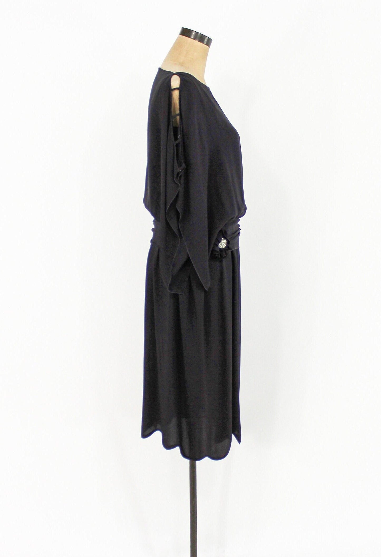 1920s Black Silk Crepe Flapper Dress with Rhinestone Detail, Large