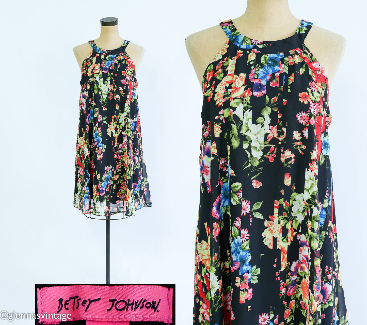 Betsey Johnson | 1990s Floral Mimi Dress  | 90s Black Sleeveless Print Mini Dress | Betsey Johnson | Size 10