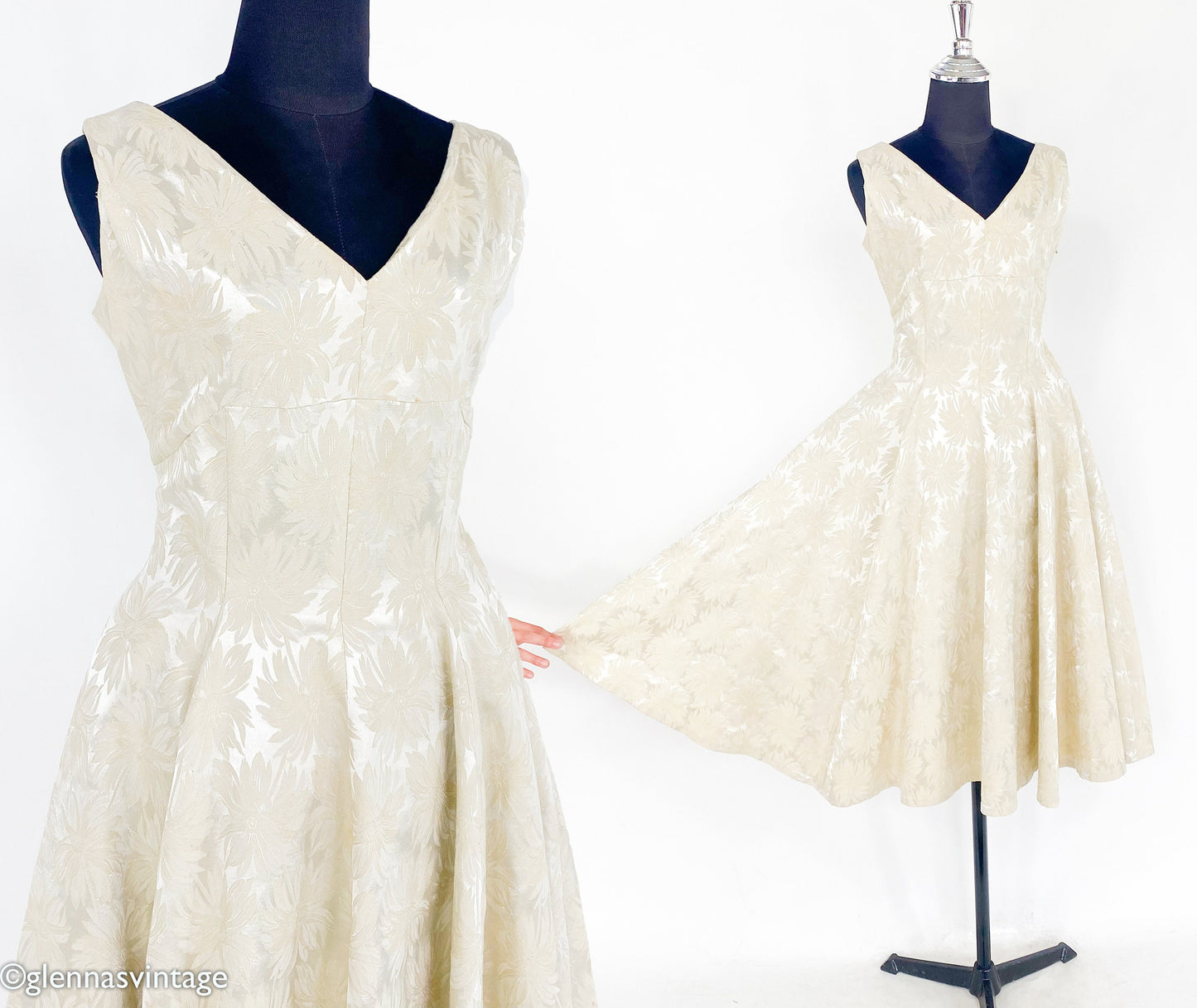 1940s Beige Brocade Cocktail Dress, Short Wedding, Small