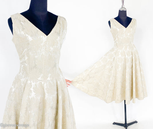 1940s Beige Brocade Cocktail Dress, Short Wedding, Small