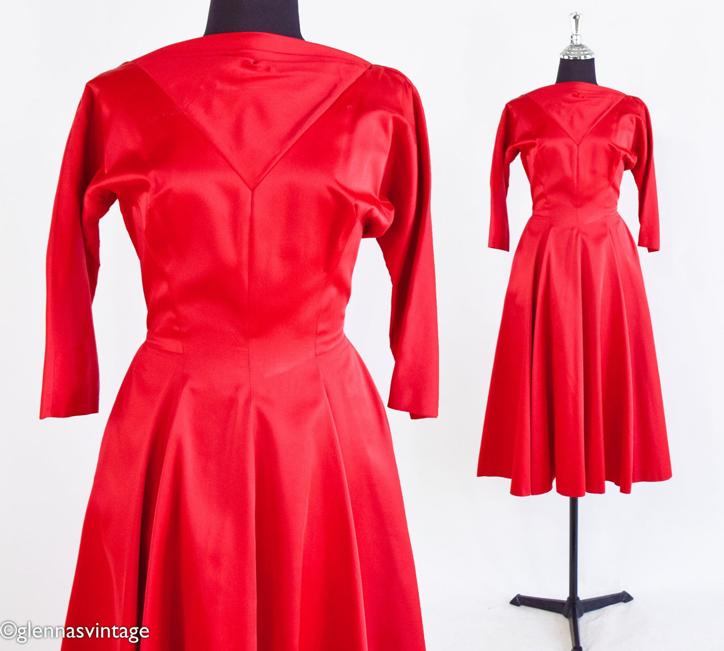 1950s Red Satin Party Dress, Holiday Party, Small