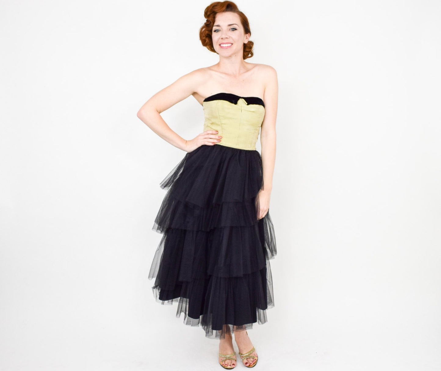 1940s Black Strapless Formal Dress | 40s Black Tulle & Gold Silk Party Dress | Strapless Evening Dress | Extra Small