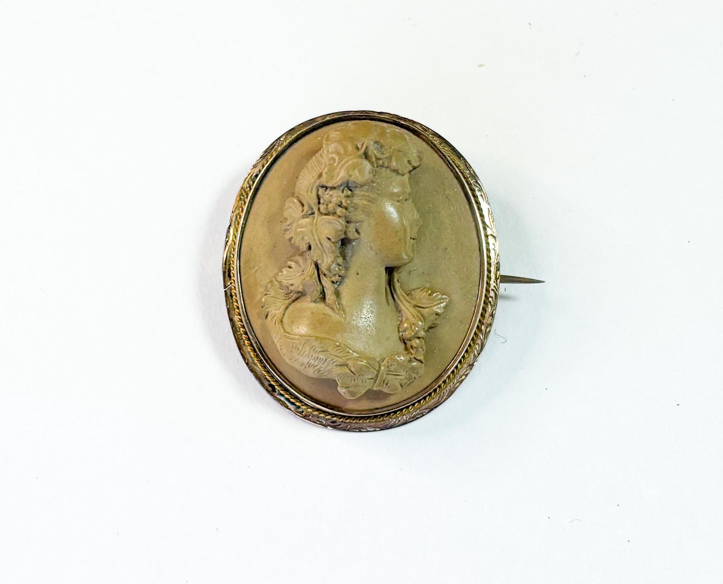 1930s Brown Carved Stone Cameo Brooch, Etched Bronze Frame