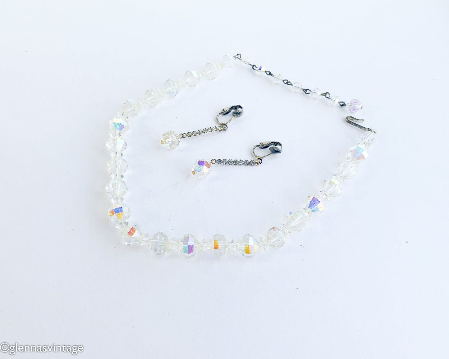 1950s Aurora Borealis Crystal Necklace & Earrings Set, Iridescent Jewelry