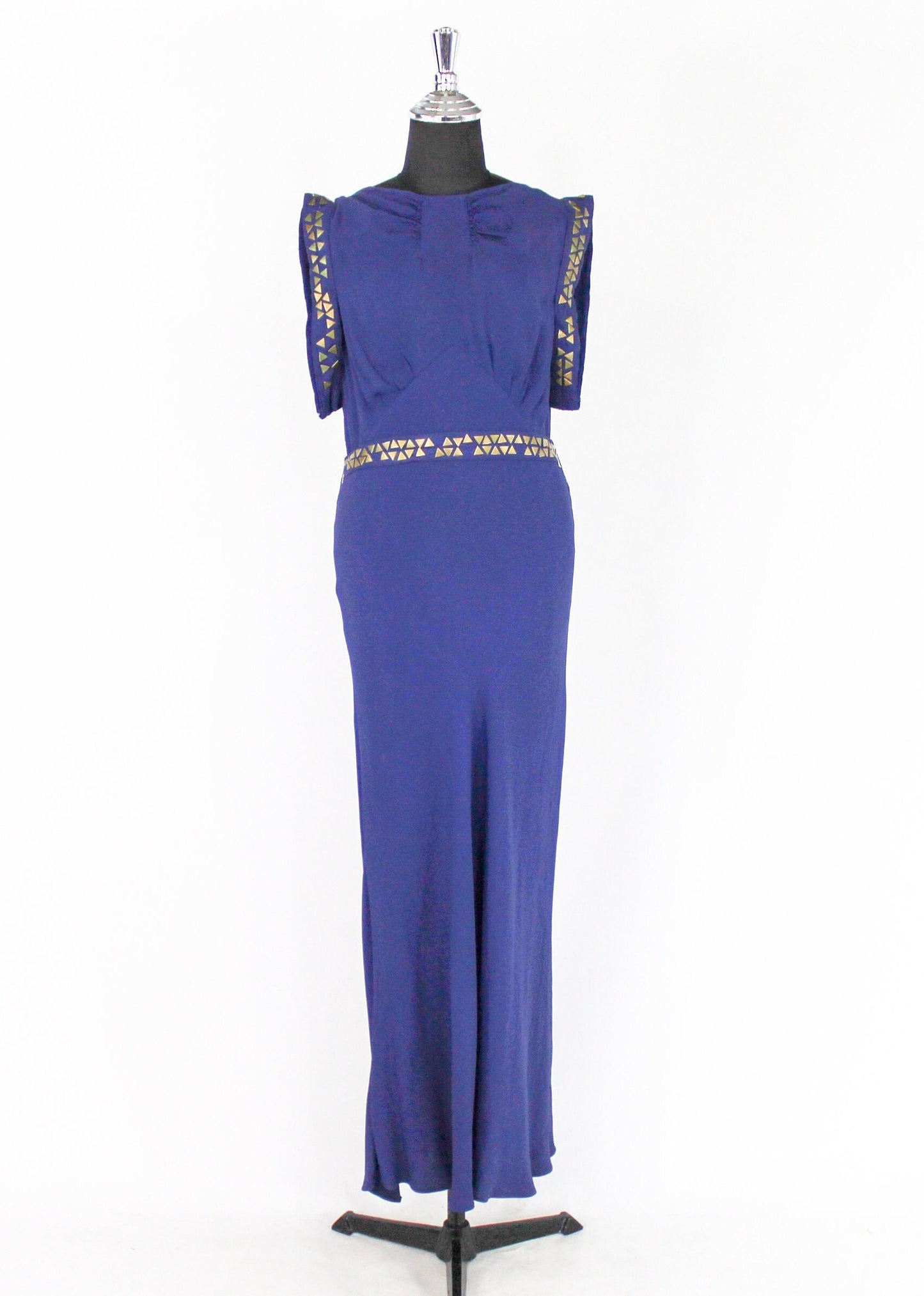 1930s Violet Purple Crepe Evening Dress, Grecian Style Brass Studded Gown, Medium