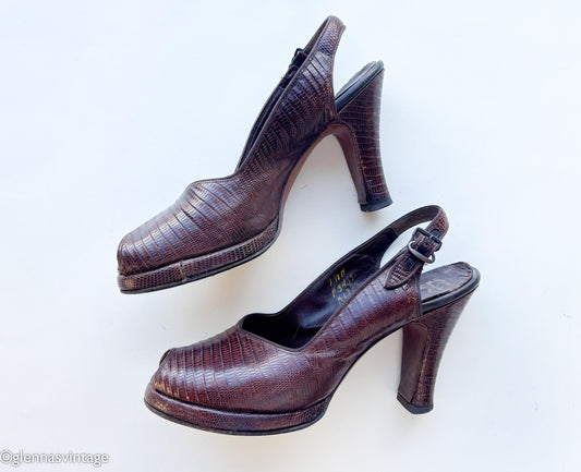1940s Brown Lizard Platform Slingback Heels, 7.5 A, 38
