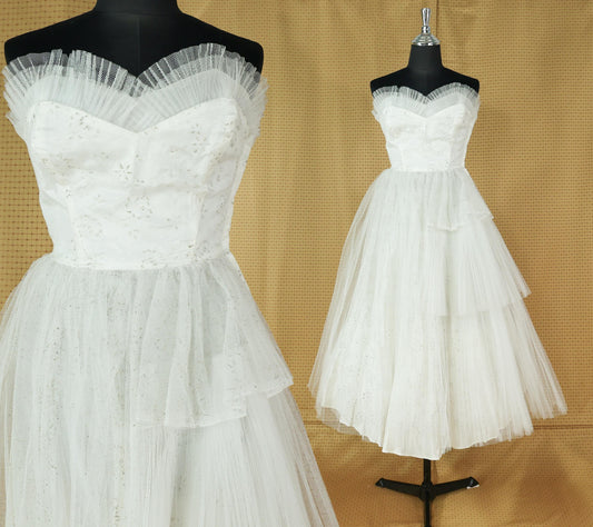 1940s White Tulle Evening Dress, Wedding Gown , XS