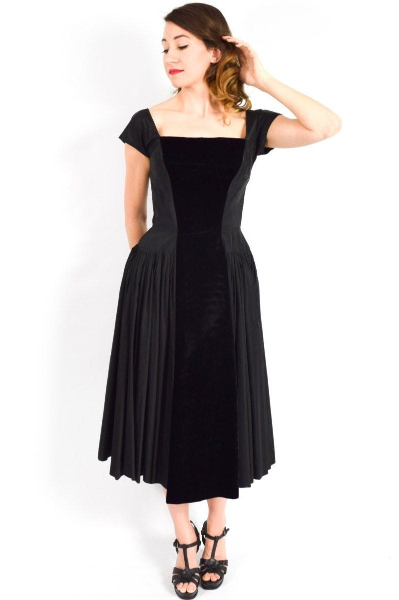 1950s Black Velvet Taffeta Cocktail Dress, Medium