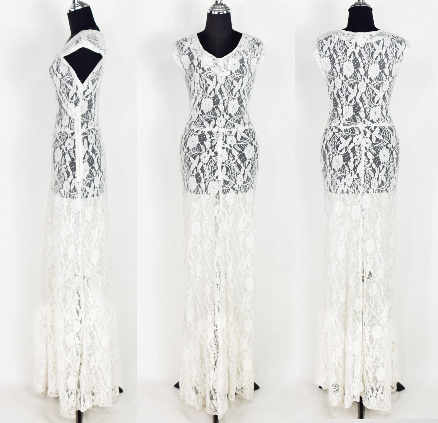 1930s White Lace Gown & Gloves, Garden Party Dress, Extra Small