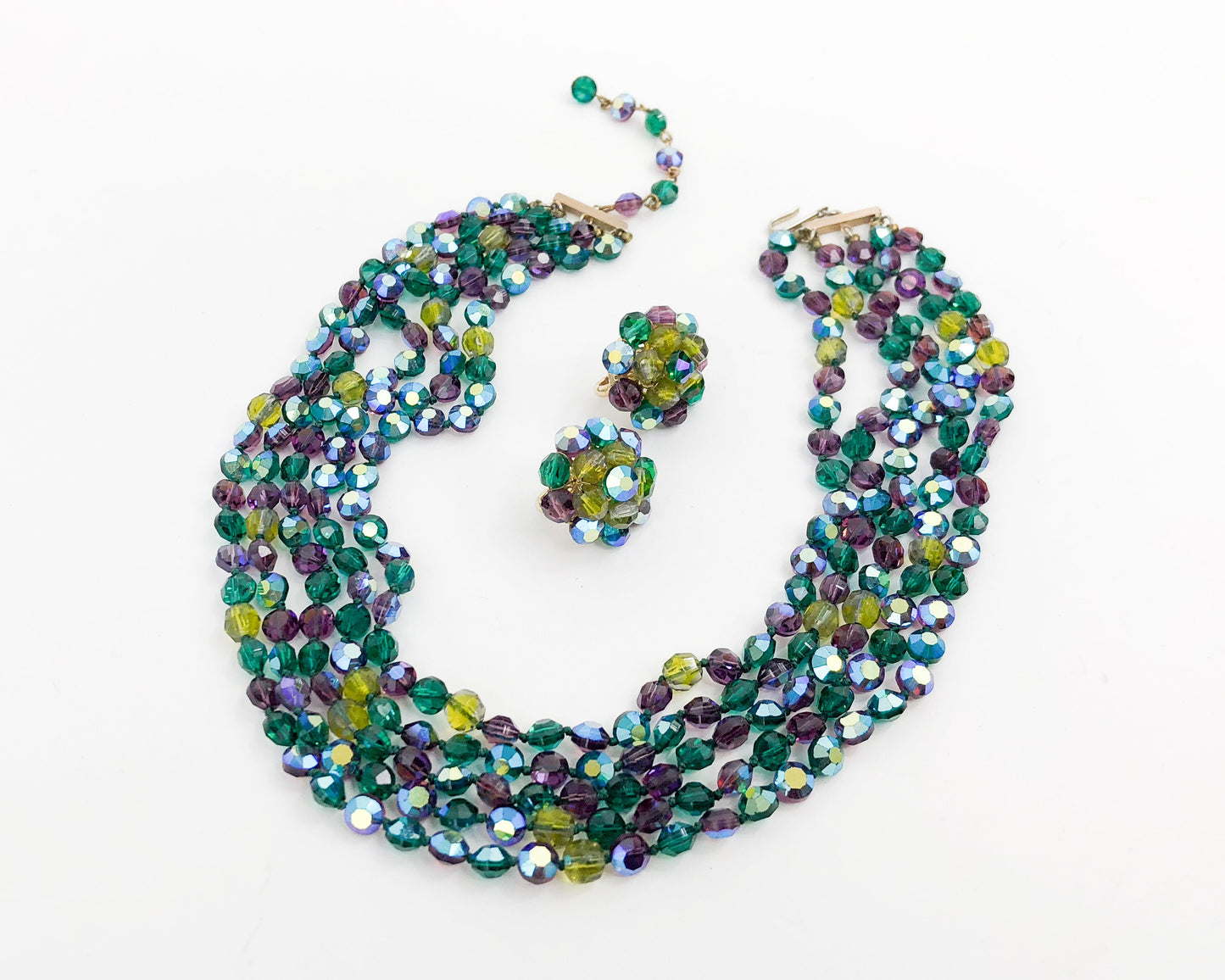 Vogue | 1960s Blue Green Crystal Necklace Set | 60s Green Faceted AB Crystal Set | Blue Multi Strand Necklace & Earrings | Vogue