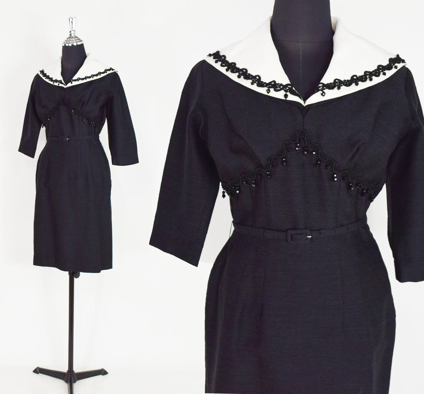 1940s Charcoal Gray Wool Dress with Collar | 40s Black Secretary Dress | White Removable Collar | Day to Night Dress | Chumley | Medium