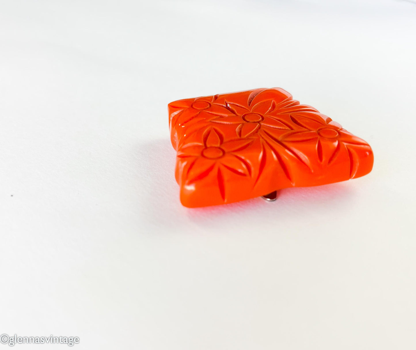 Vintage 1930s Orange Bakelite Dress Clip | Carved Floral Plastic Clip