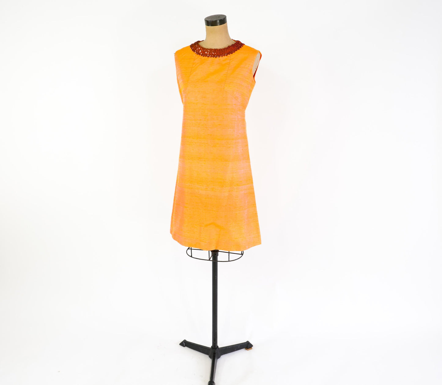1960s Orange Silk Shift Dress | Sequin Collar, Medium
