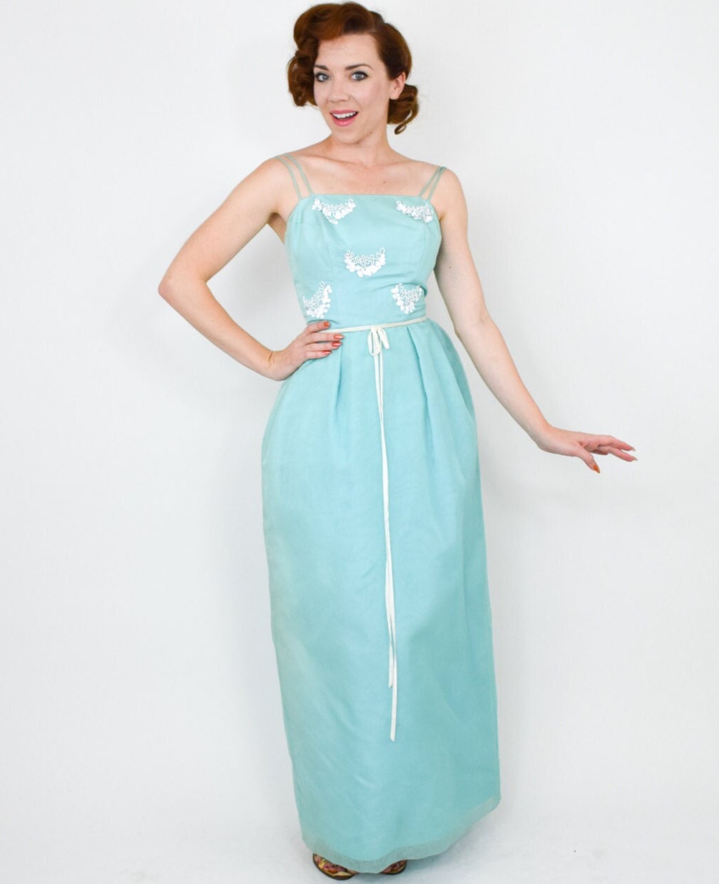 1950s Turquoise Blue Column Dress, Extra Small