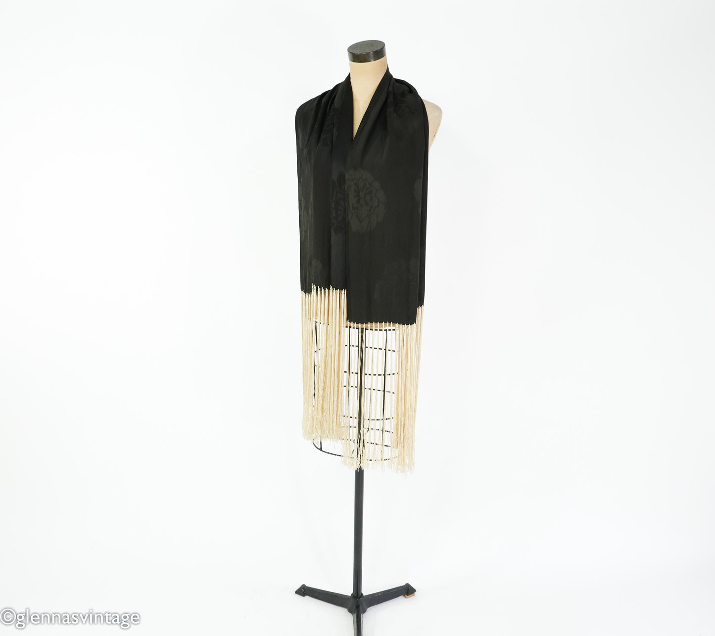 1920s Black Silk Scarf with Long Creme Fringe