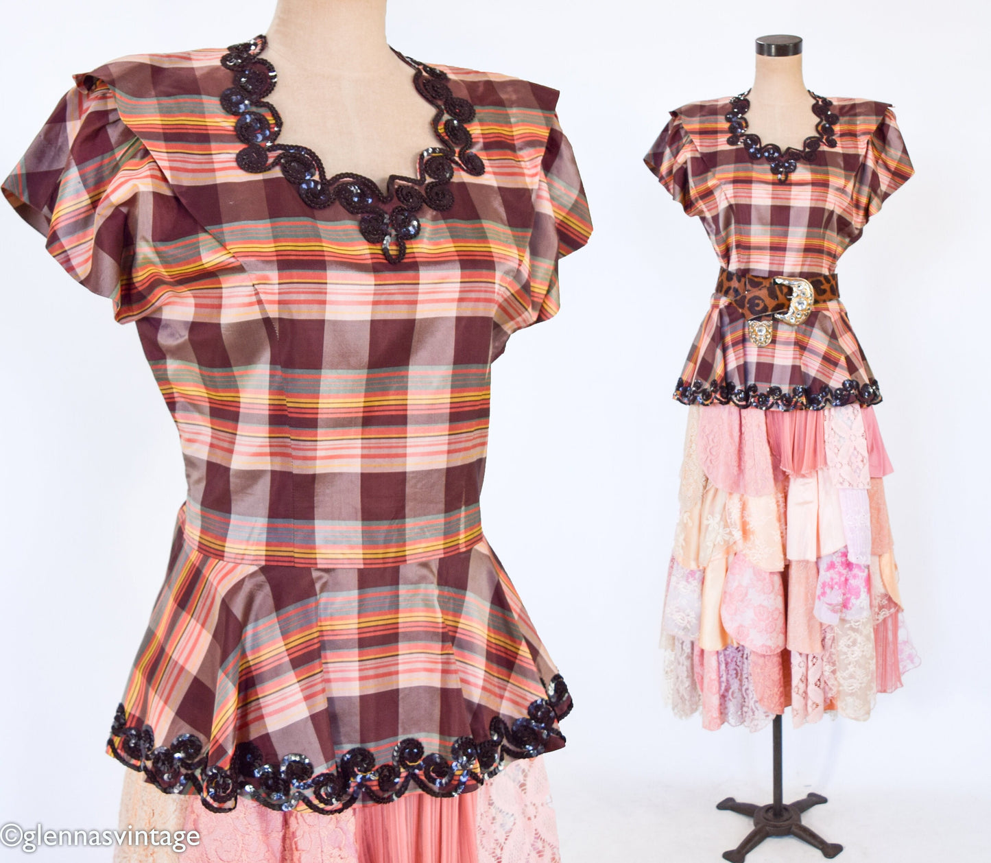 1940s Brown Plaid Taffeta Blouse | 90s Pink Petal Midi Lace & Brocade Skirt, Medium