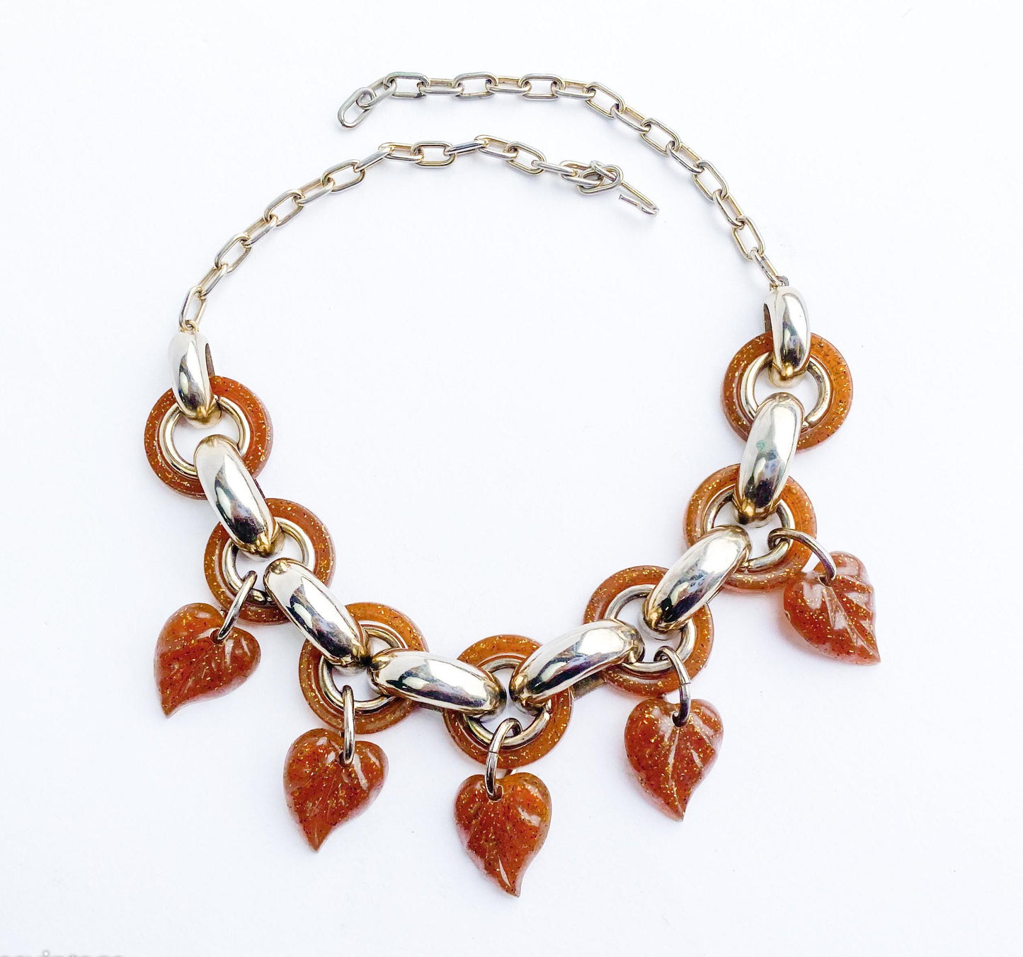 1960s Glitter Leaf Necklace | Brown Plastic, Gold Chain