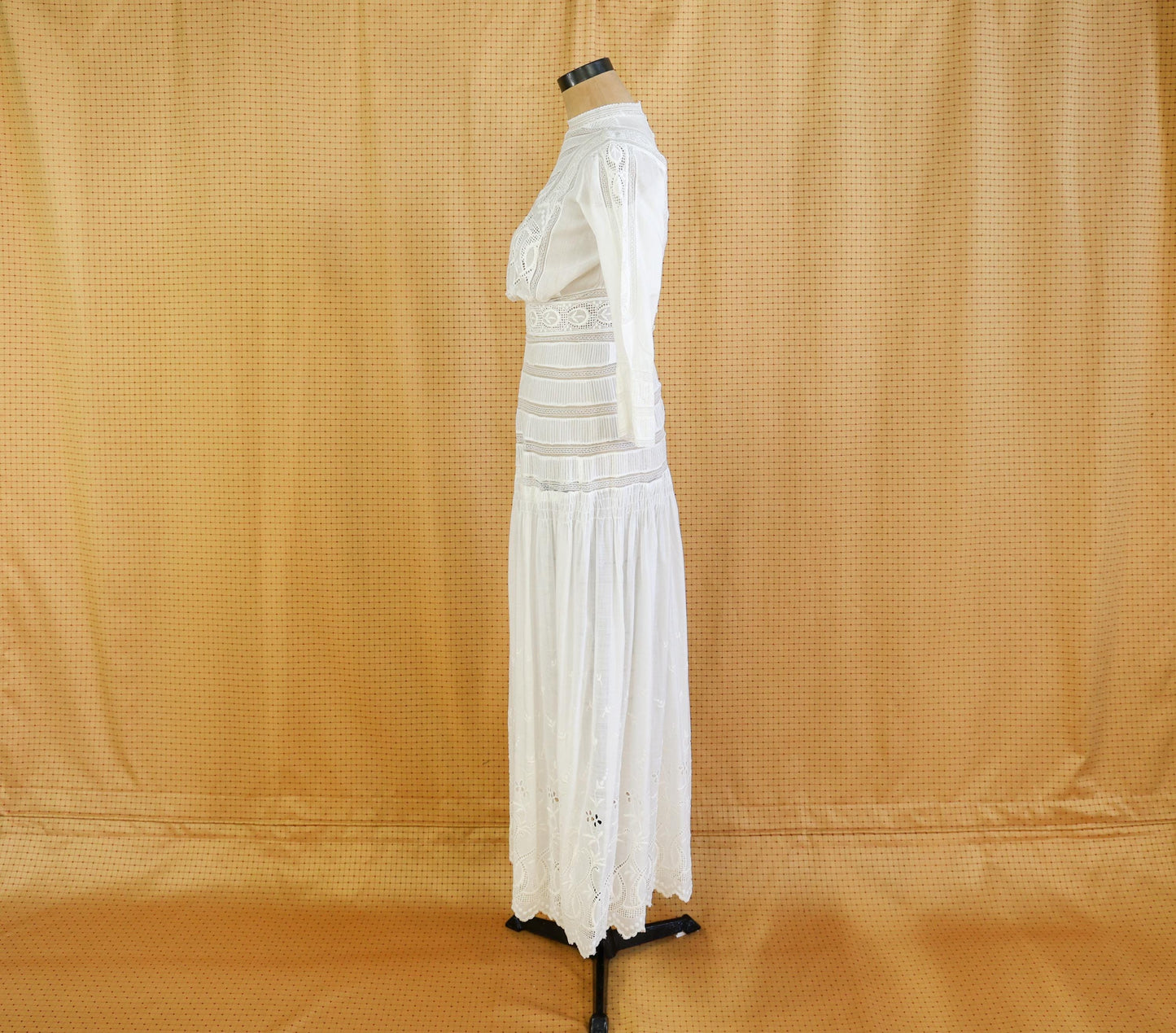 1880s Edwardian Lace Cotton Gown, Antique Walking Dress, Small