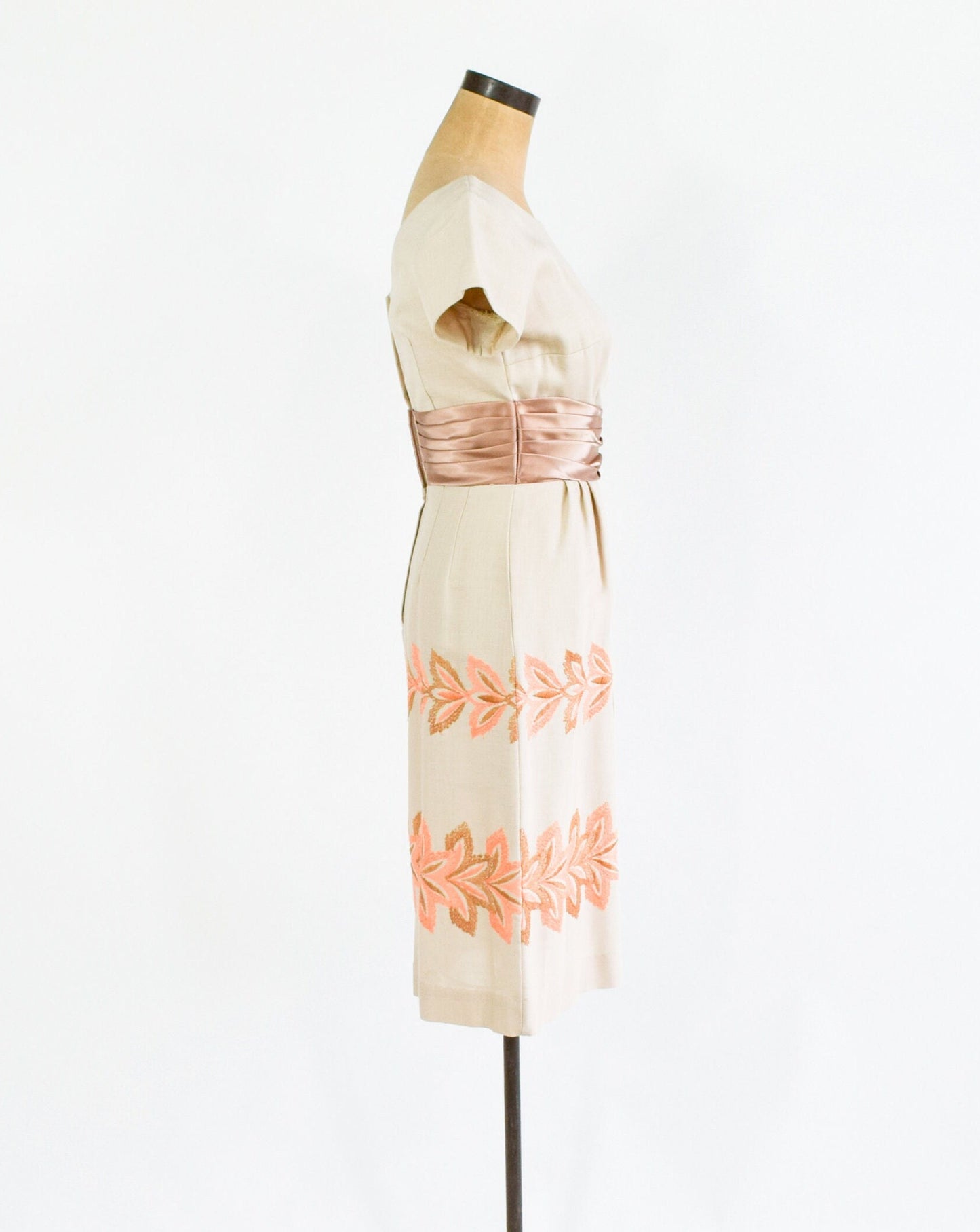 1950s Beige Floral Embroidered Dress | Taupe Sheath Dress, Small