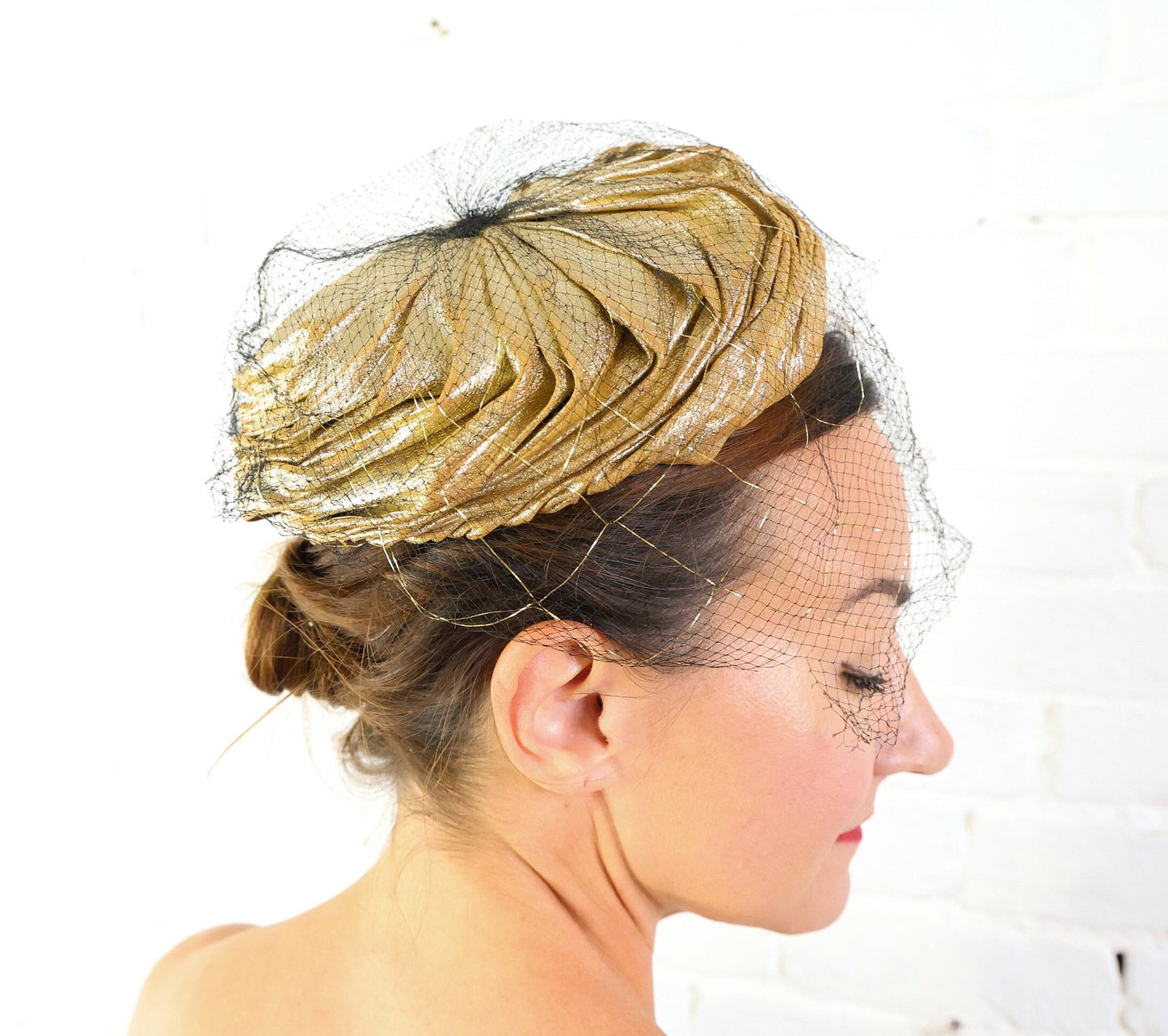 1950s Metallic Gold Fabric Hat | 50s Gold Metallic Gathered Hat
