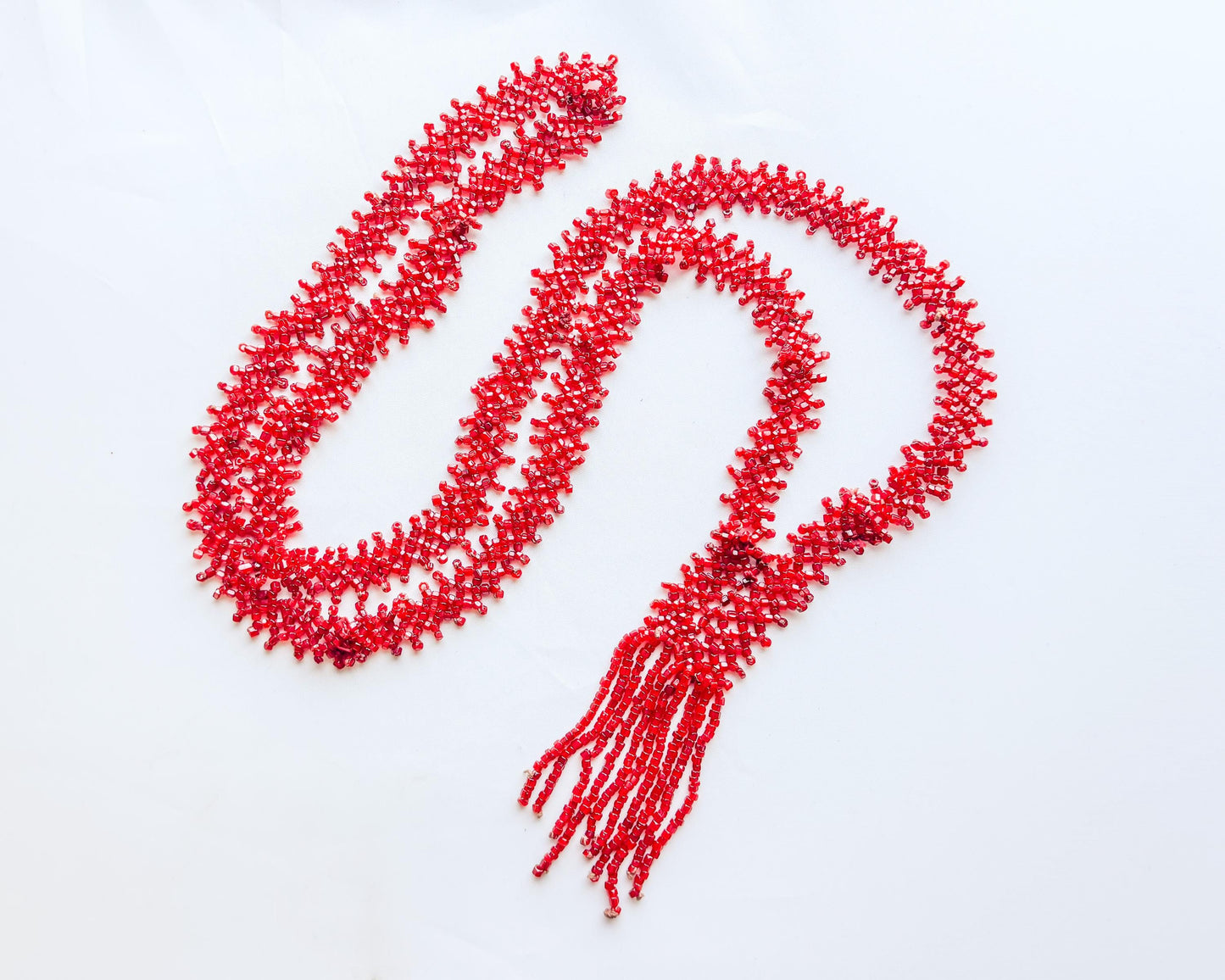1920 Red Beaded Necklace |  Beaded Flat Woven Necklace