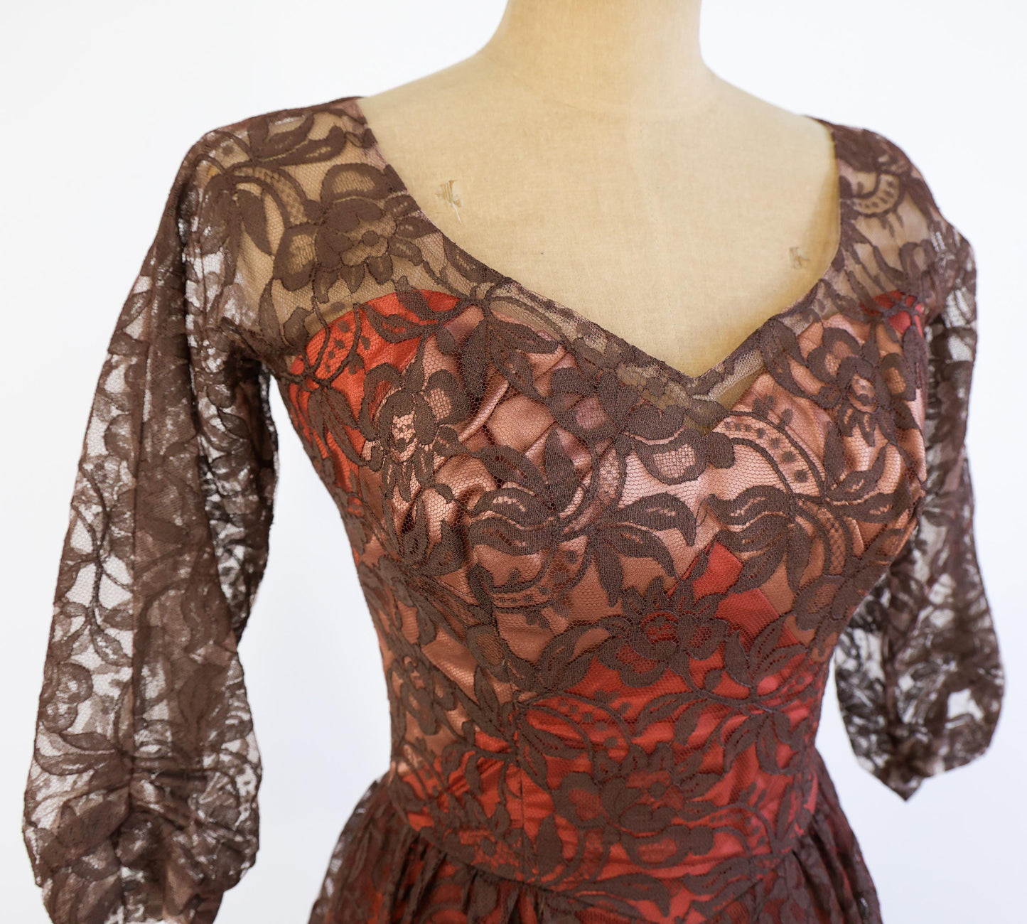 1950s Brown & Pink Lace Party Dress, Small