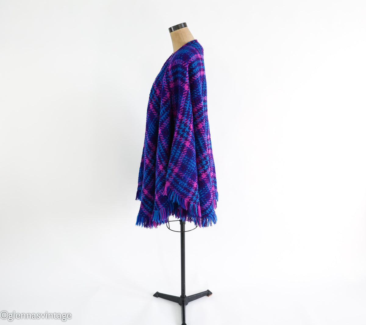 1980s Purple Blue Plaid Cape Irish Wool Cape, One Size