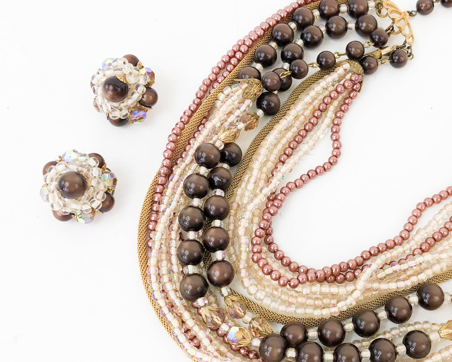 1950s Brown Evening Necklace & Earrings | 50s Gold Brown Multi-Strand Necklace Jewelry Set