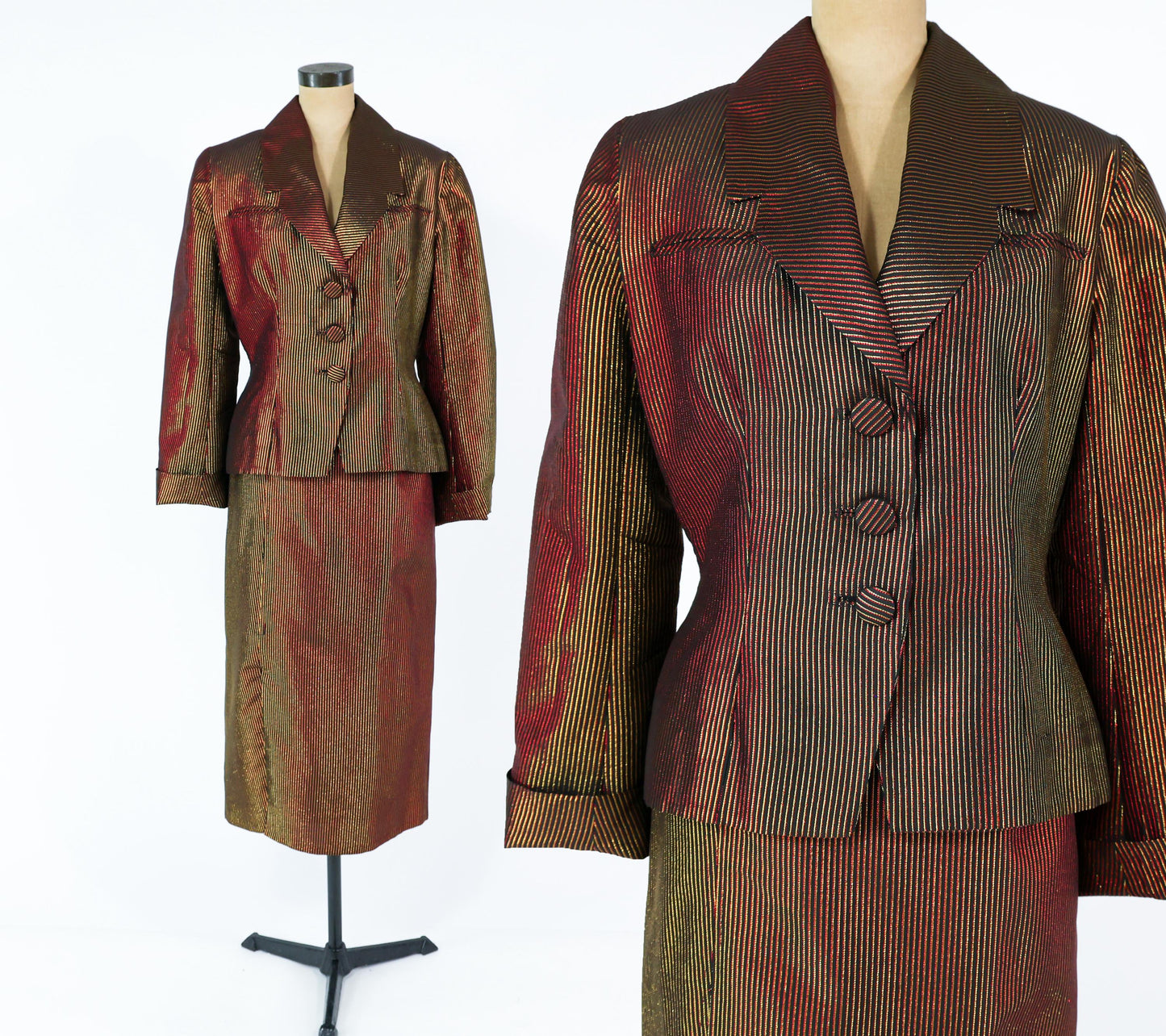 1980s Black Gold Pinstripe Jacket & Skirt, Large