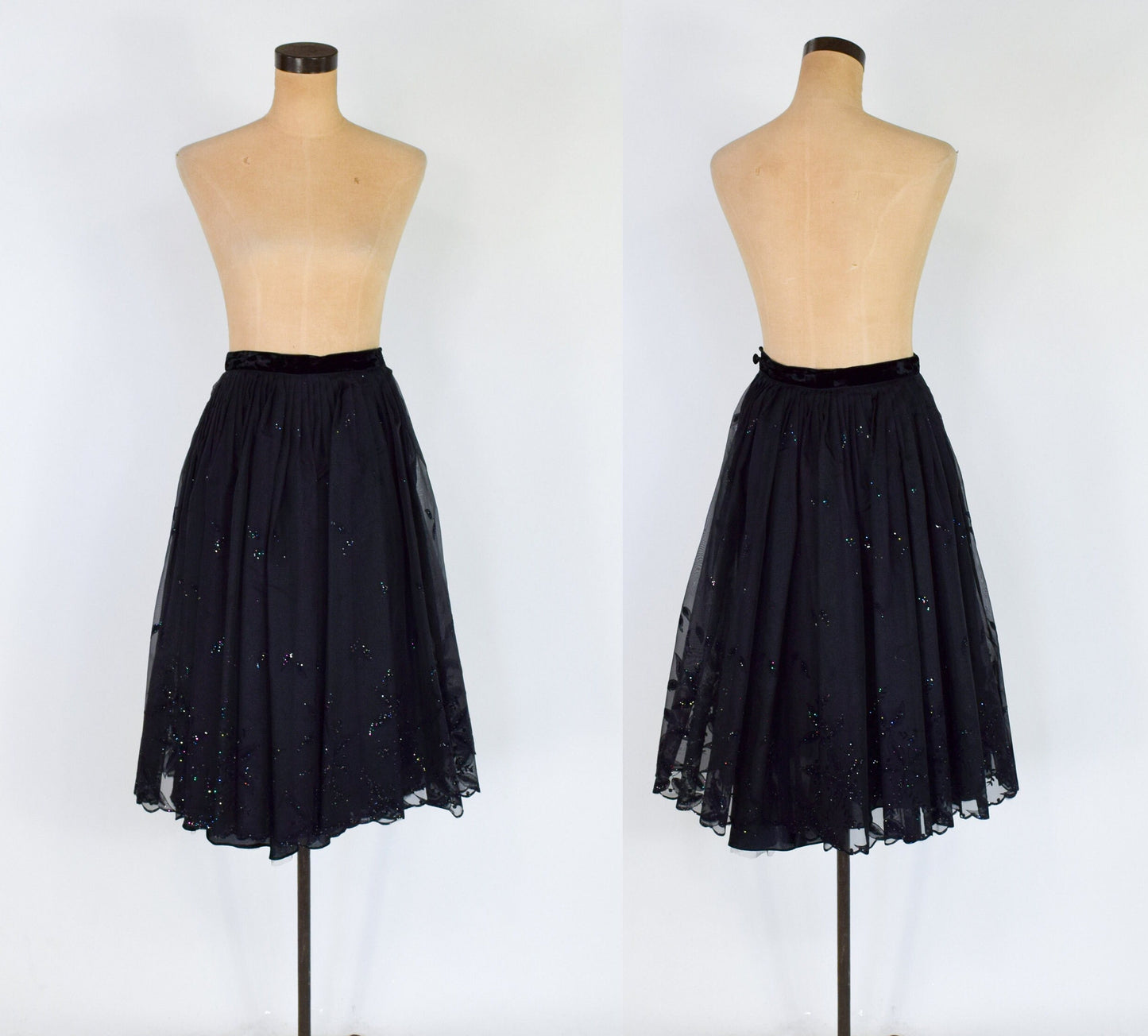 1950s Black Glitter Evening Skirt Set | 50s Black Organza Full Skirt & Velvet Top | Small