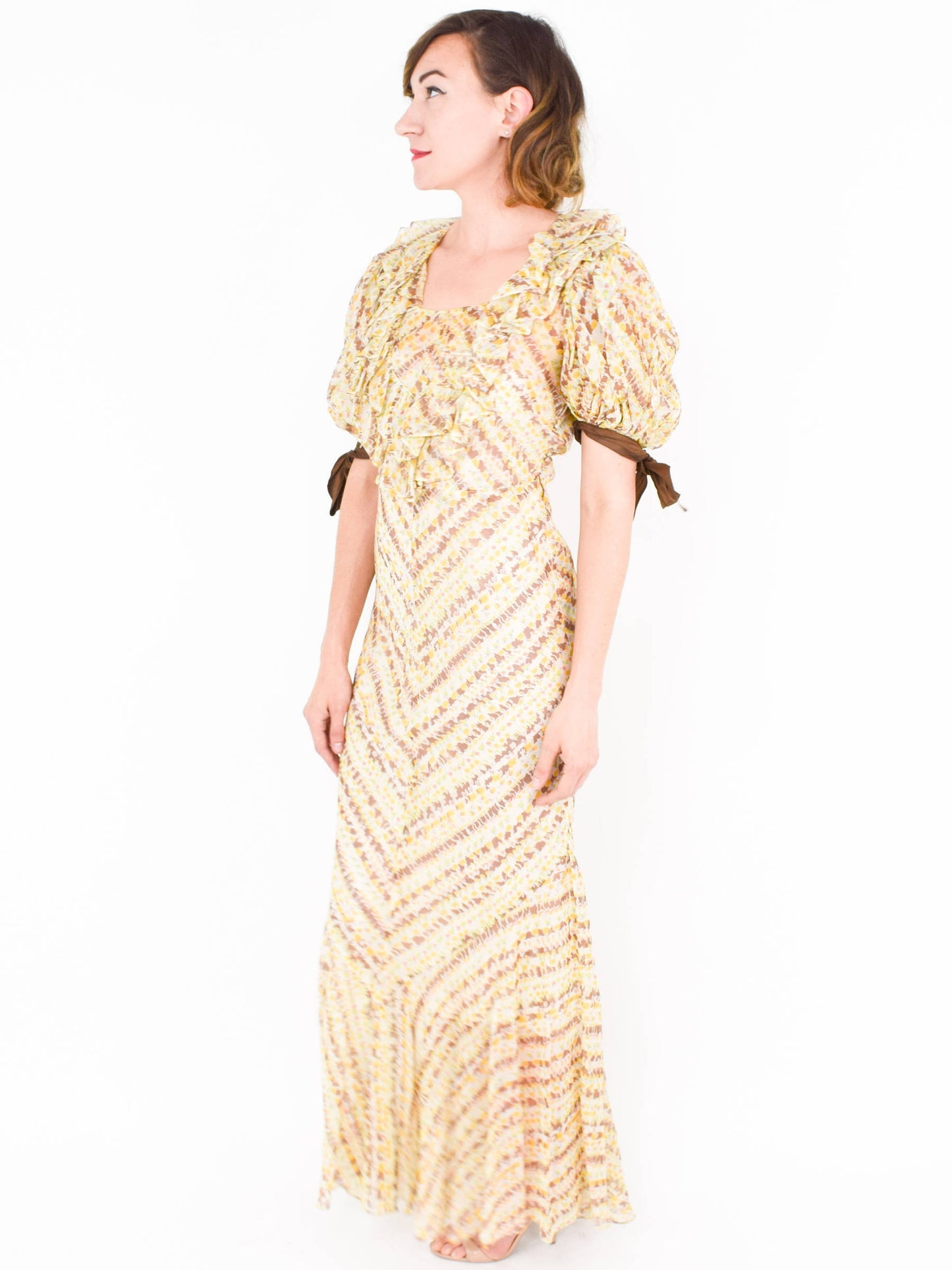 1930s Yellow Floral Print Organza Dress with Ruffle Trim, Small