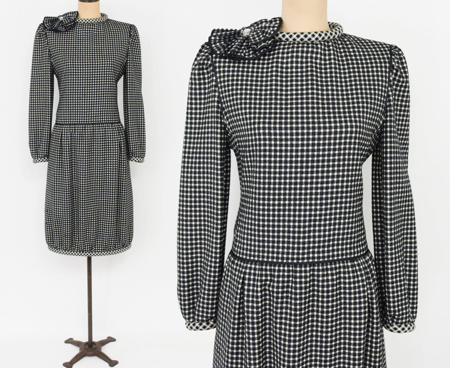 1980s Nina Ricci Black Checked Wool Dress, Medium