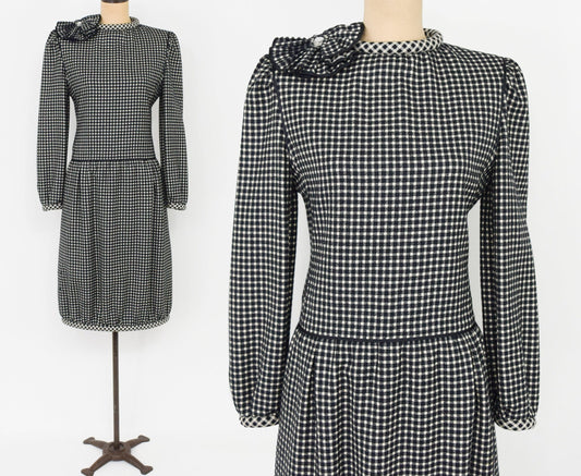 1980s Nina Ricci Black Checked Wool Dress, Medium