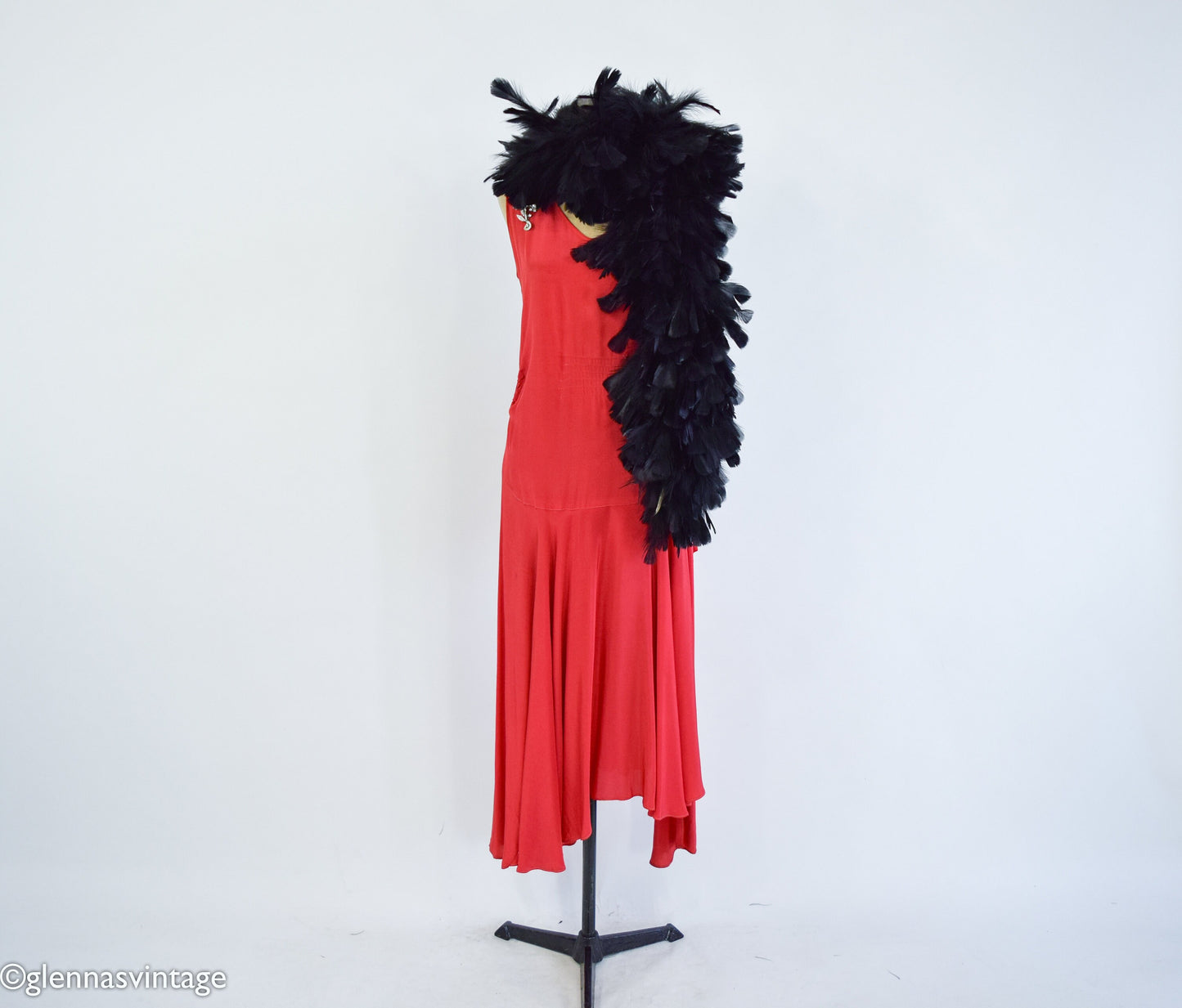 1900s Black Feather Boa with Silk Backing and Ties, Edwardian Era Scarf