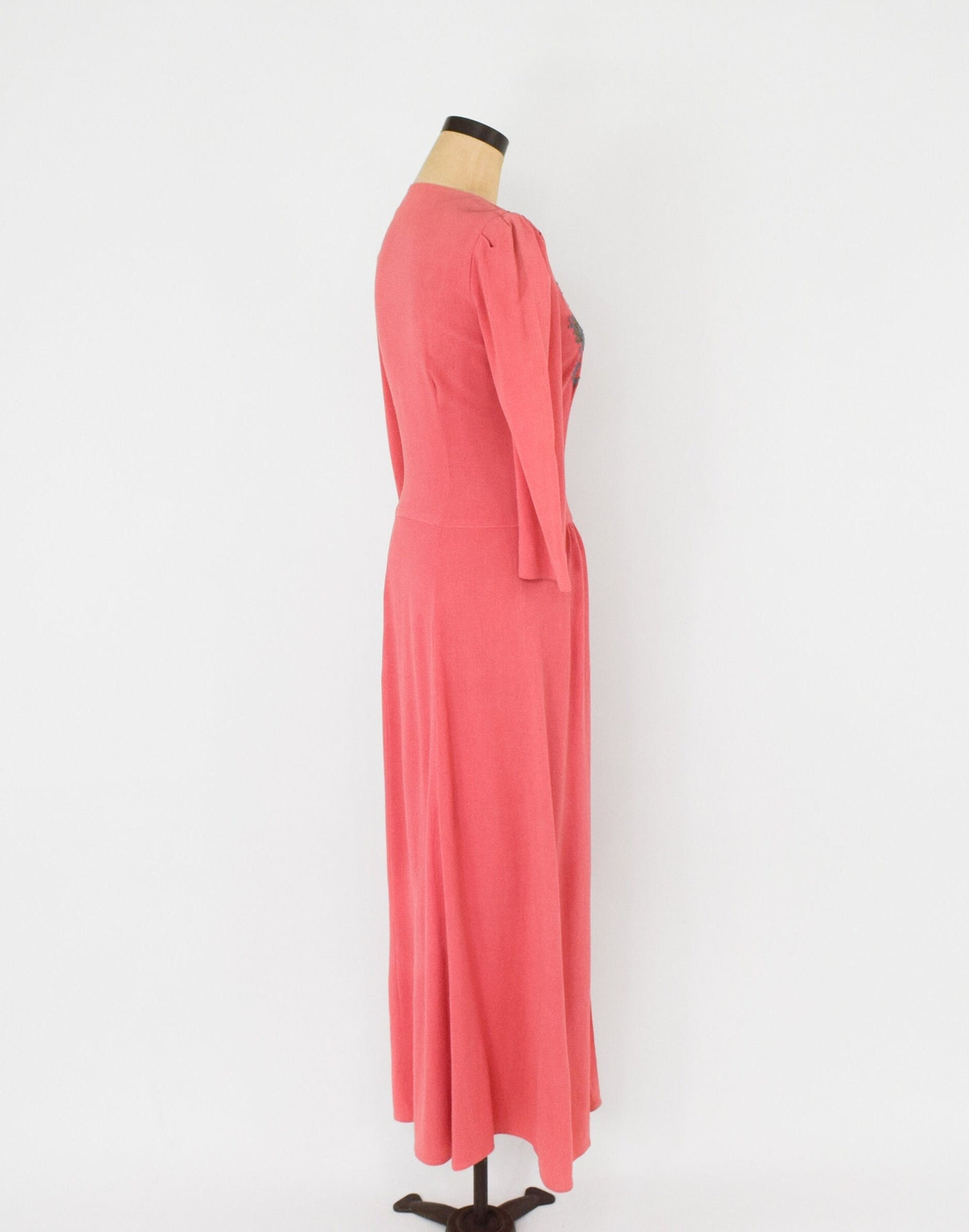 1940s Coral Crepe Evening Dress | 40s Coral Lounging Gown | Pink Crepe Long Dress | Barbara | Medium