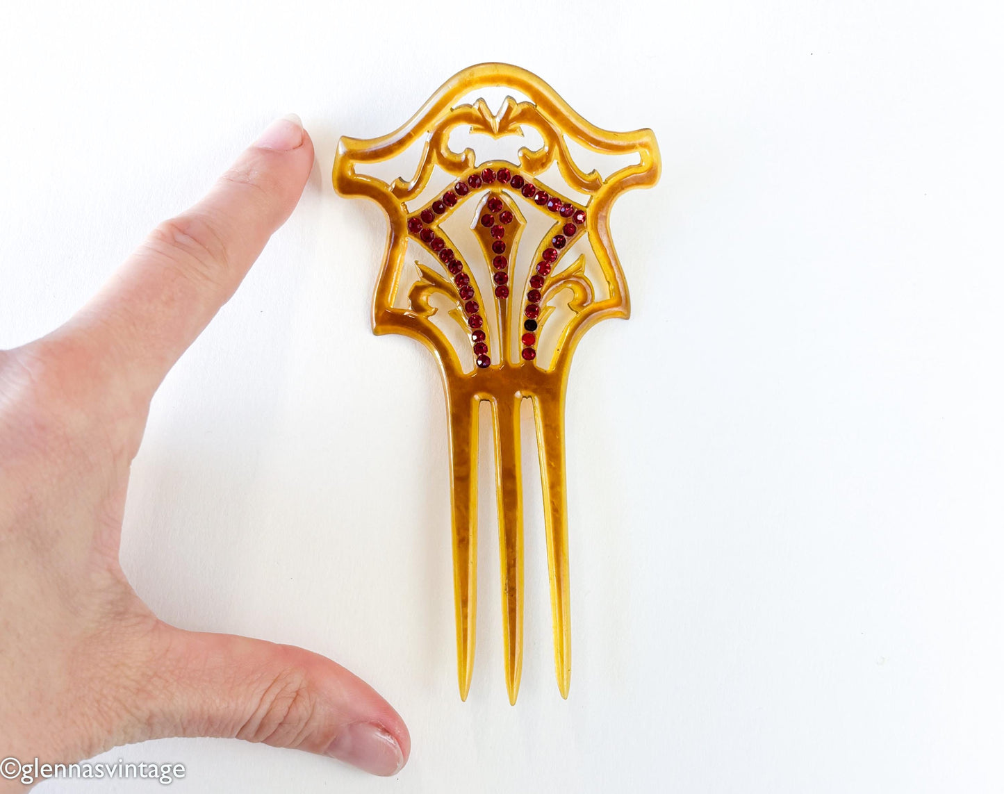 1900s Brown Celluloid Mantilla Hair Comb, Red Rhinestones