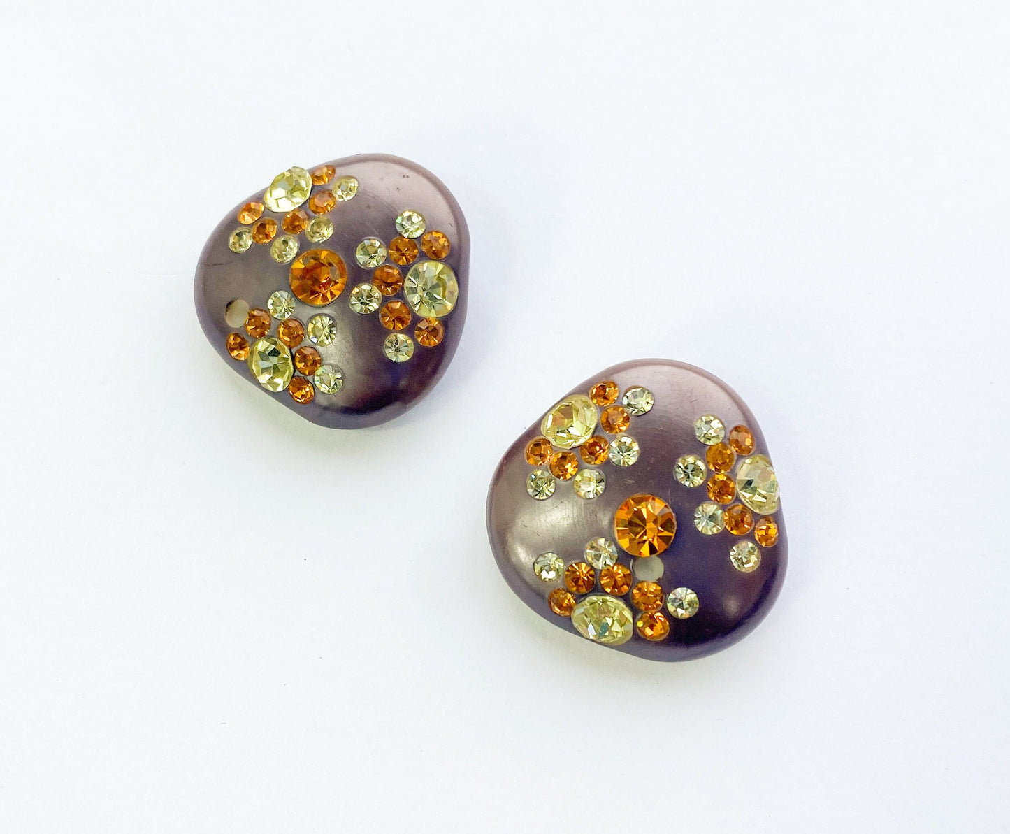 1960s Brown Rhinestone Earrings | 60s Brown Lucite & Rhinestone Clip Earrings