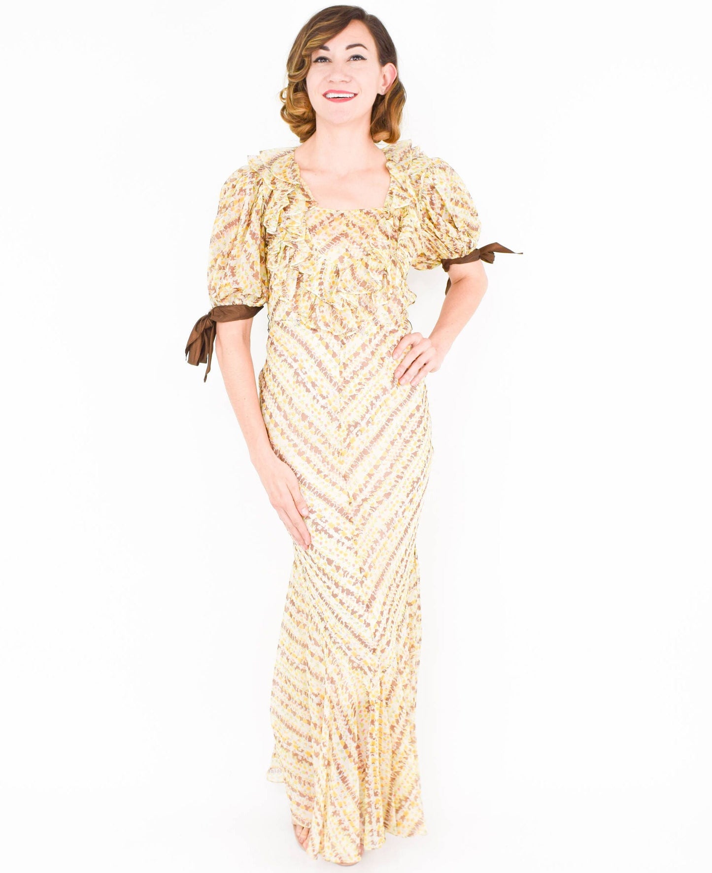 1930s Yellow Floral Print Organza Dress with Ruffle Trim, Small