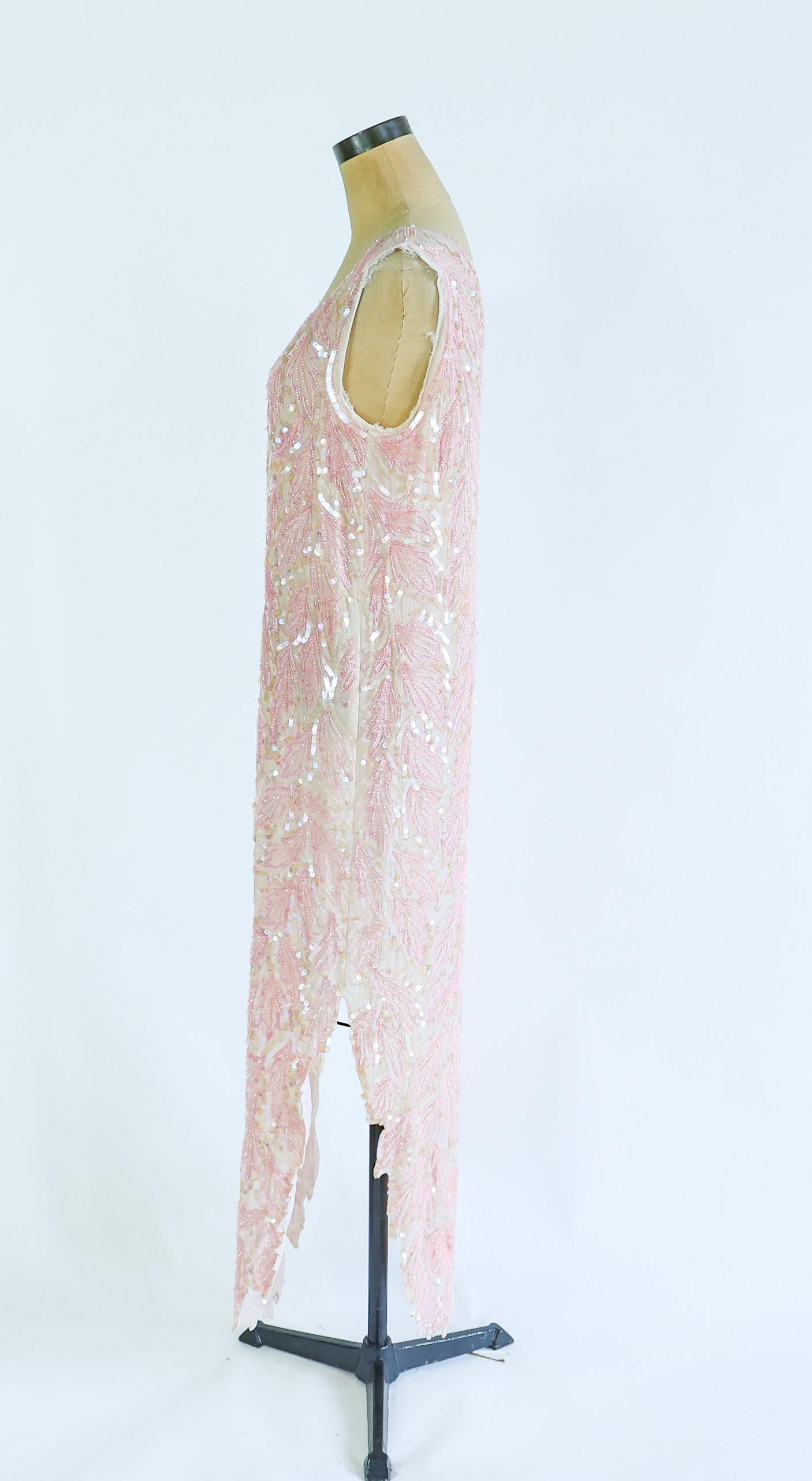 1980s Pink Silk Sequin Dress | 80s Pink Iridescent Sequin Evening Dress | Medium