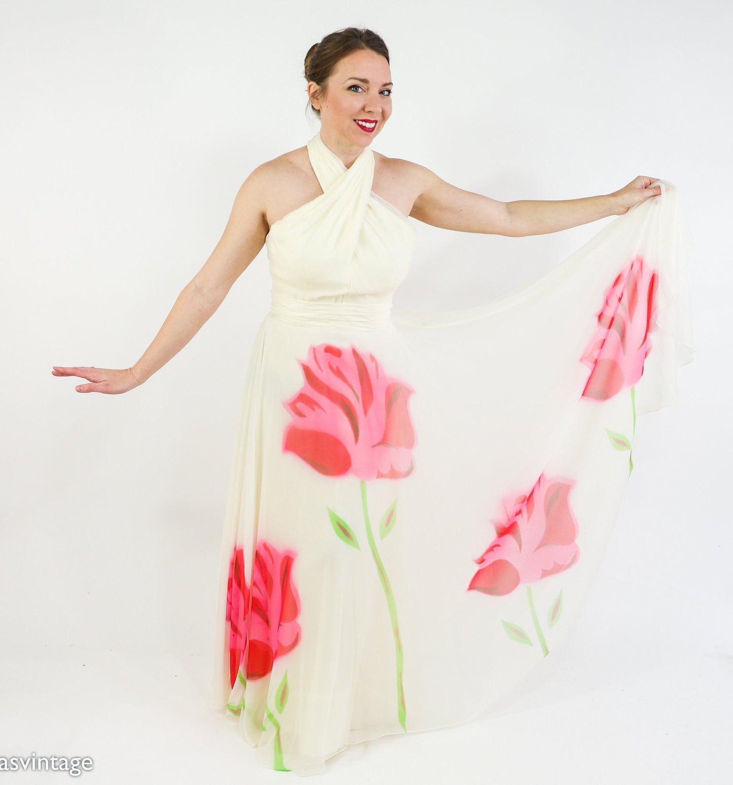 1950s Creme & Pink Silk Floral Evening Dress, Small