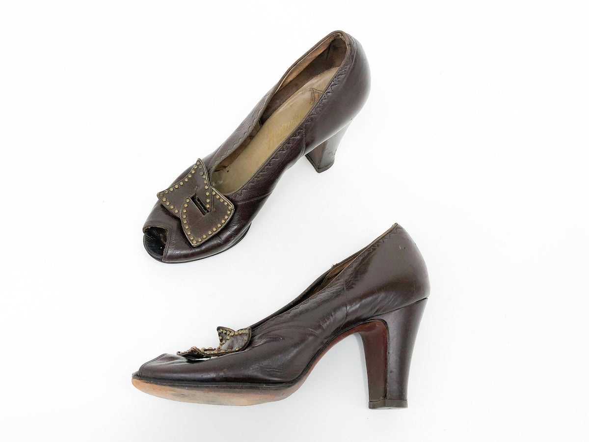 1940s Brown Leather Peep Toe Pumps Heels, Andrew Geller, US 7, EU 38