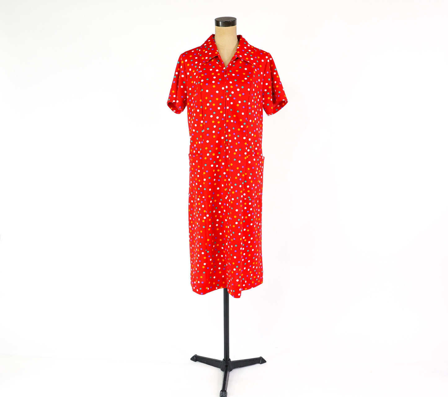 1970s Red Polka Dot Dress, XL 42" Waist