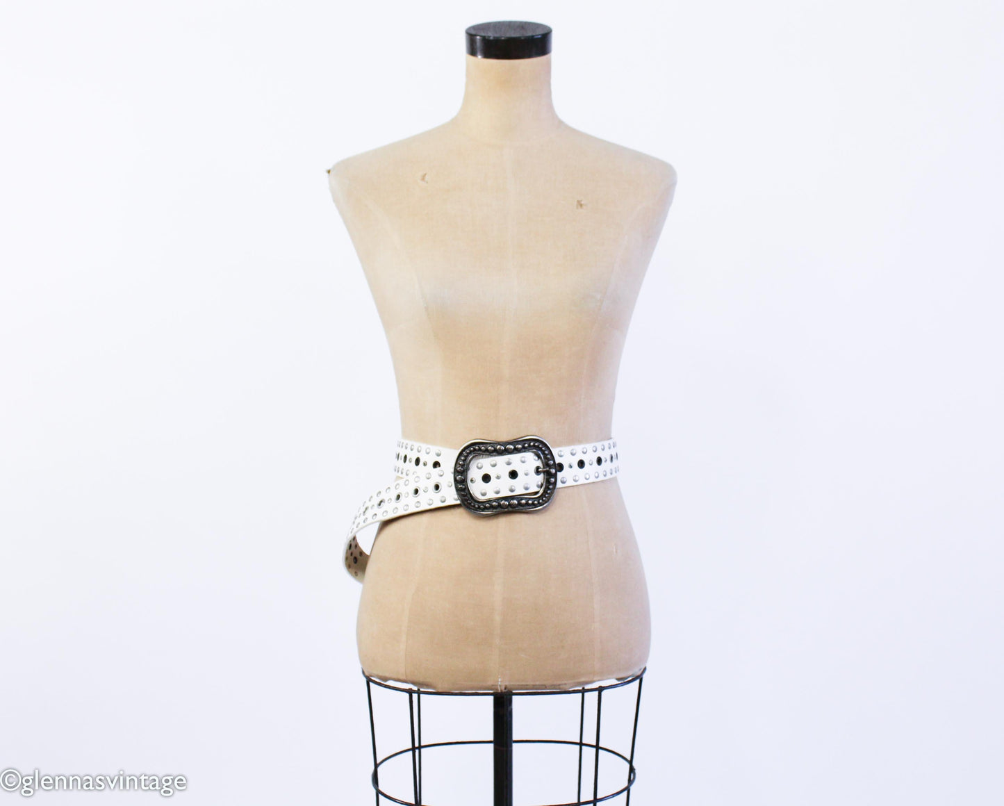 1980s White Leather Rivet Belt with Silver Buckle, Medium