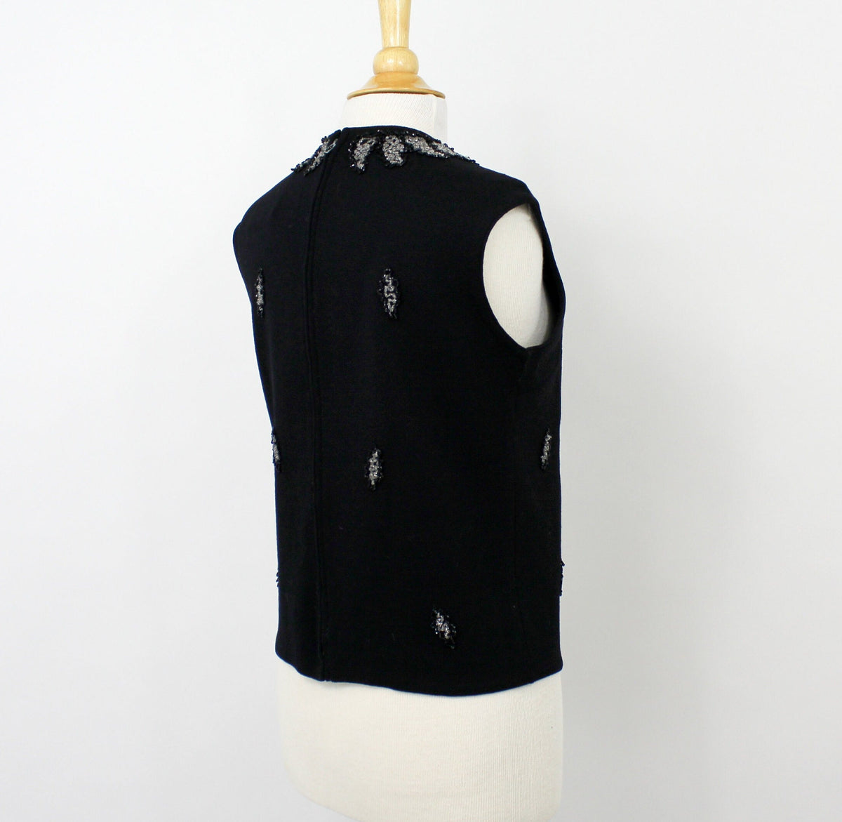 1960s Black Sleeveless Beaded Wool Sweater, Medium