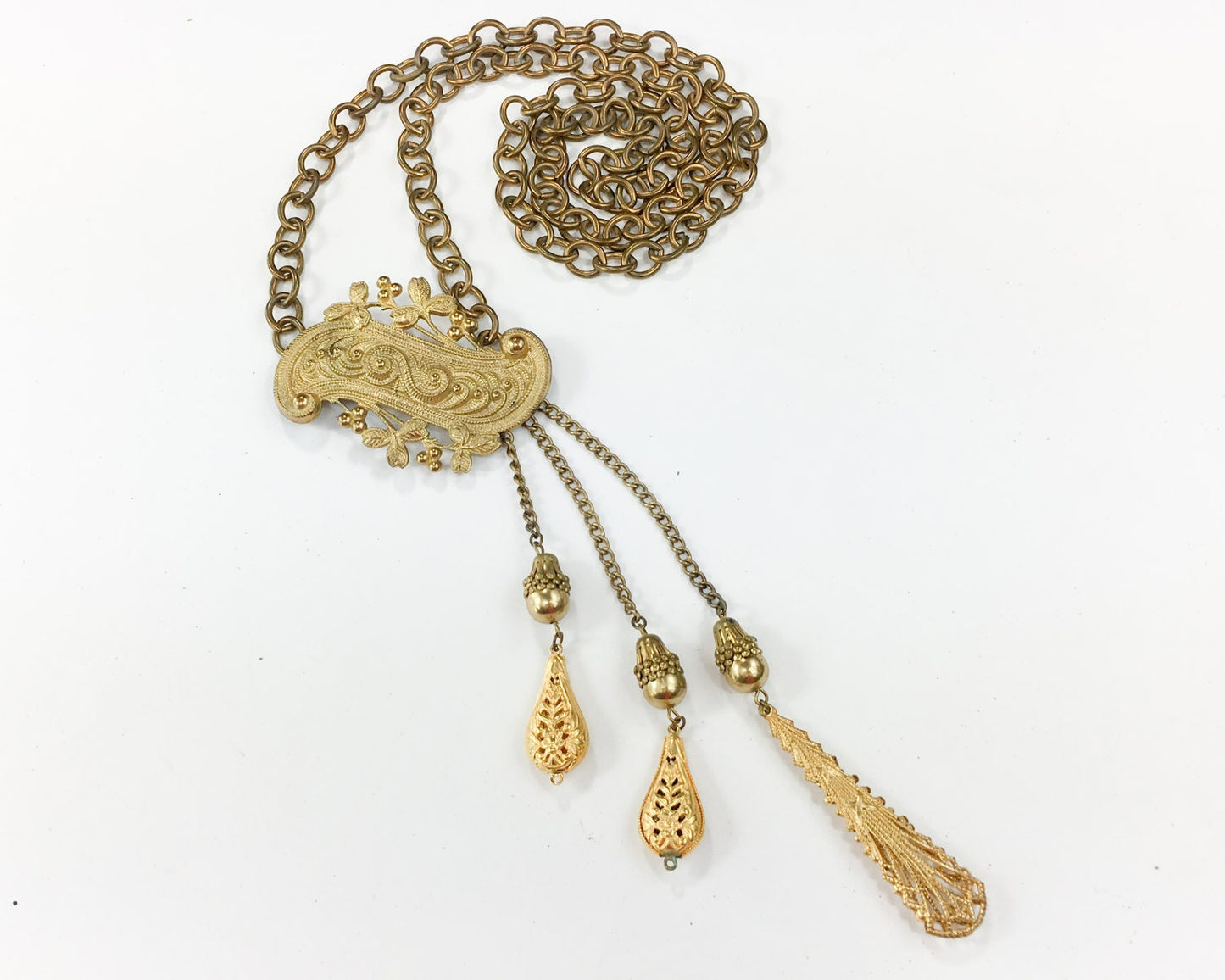 1940s Brass Chain Fur Clip | 40s Long Chain Dress Clip | Gold Chain Necklace