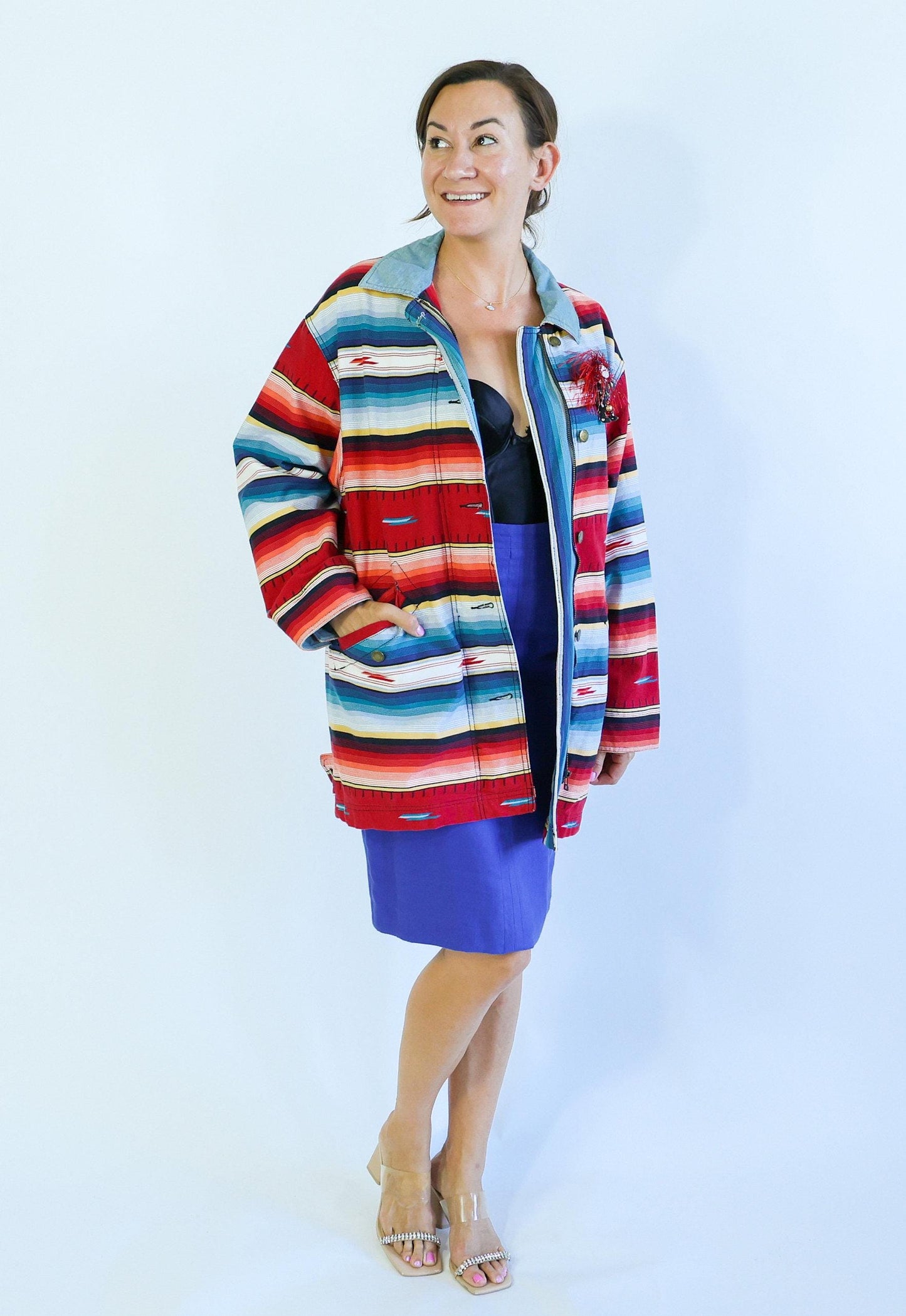 1980s Red Blue Striped Coat| 80s Western Jacket | Woolrich | Large