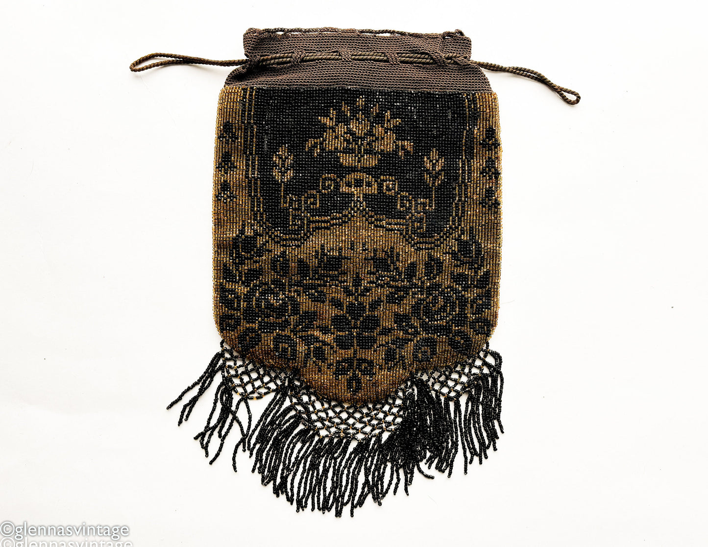 1900 Colorful Floral Beaded Purse | Brown & Black Beaded Bag