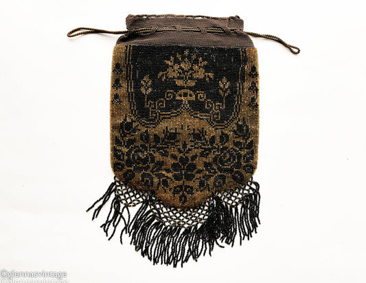 1900 Colorful Floral Beaded Purse | Brown & Black Beaded Bag