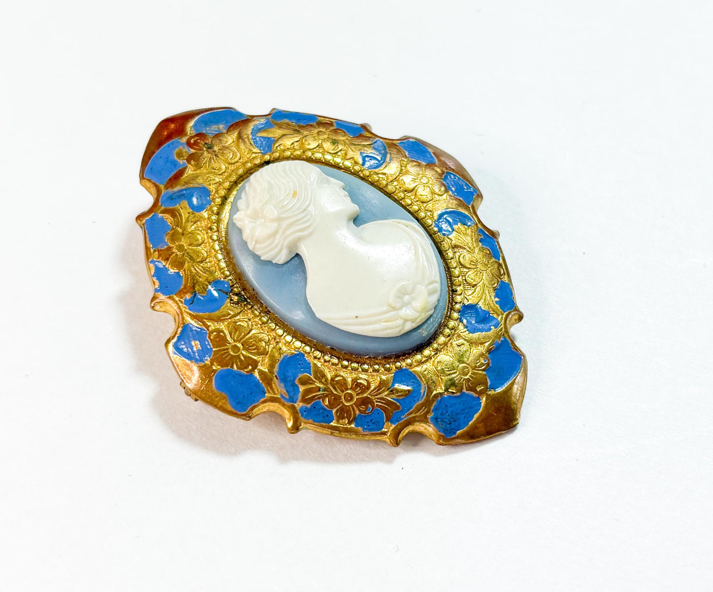 1930s White Blue Vintage Cameo with Brass & Enamel Frame